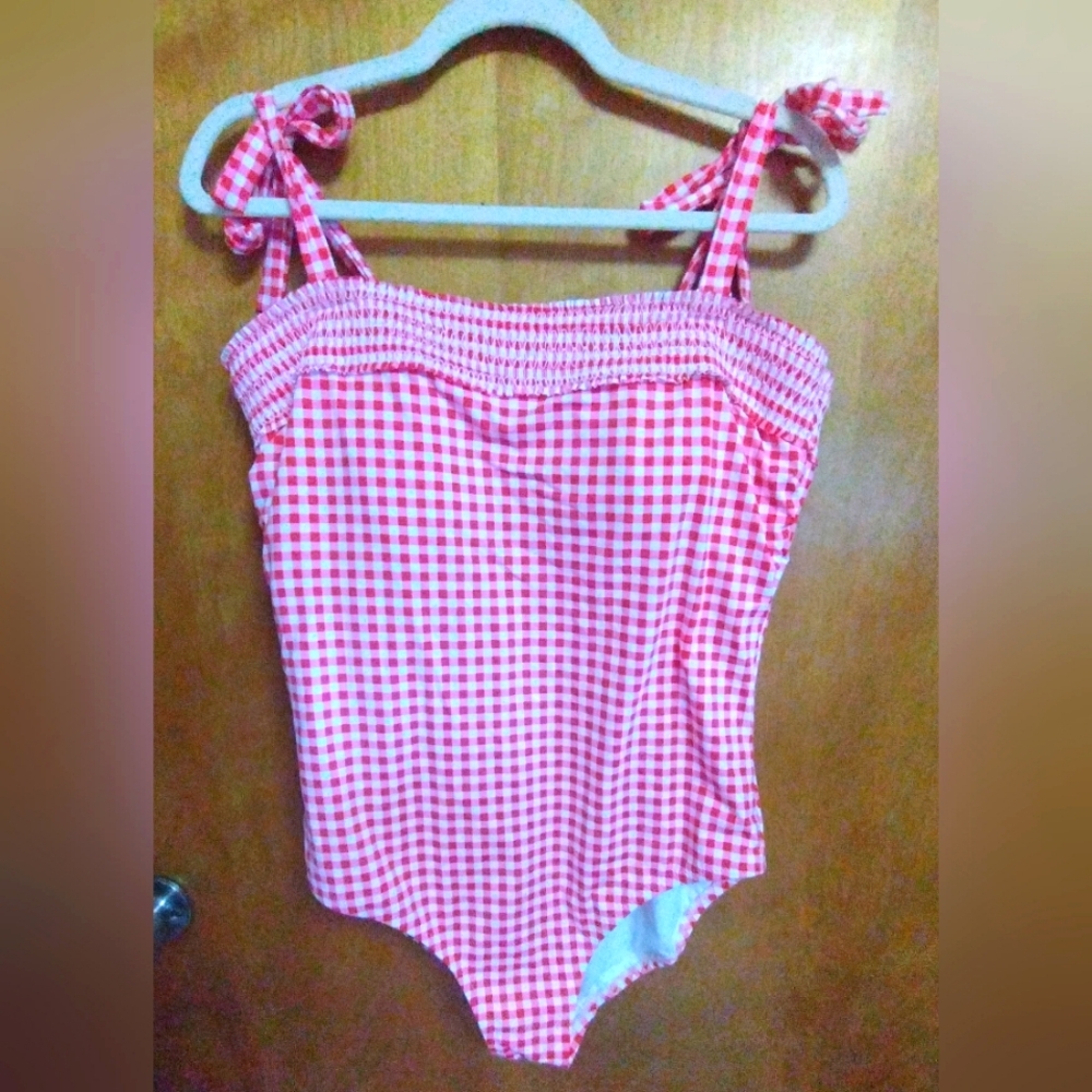 Lands End Draper James  White and Red Gingham One Piece Swimsuit